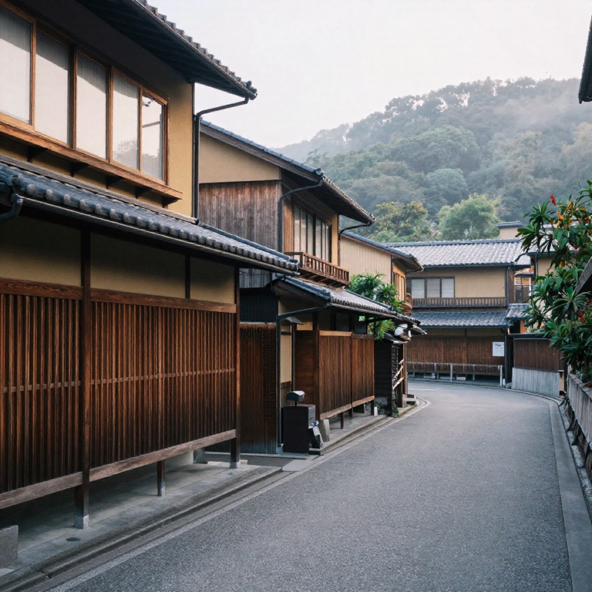 京都の町家が並ぶ、朝の静かな通り。